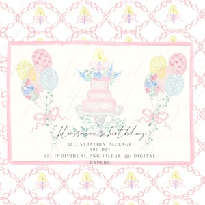 Blossom's Birthday - Digitales Aquarell-Illustrationspaket - Perfekt für Geburtstagseinladung, Kinder oder Baby