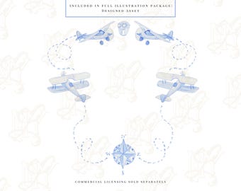 Aviation Crest, Pilot in Training, Up and Away, Airplane, Seamless Pattern, School, Supplies, Watercolor Illustration Clipart Package