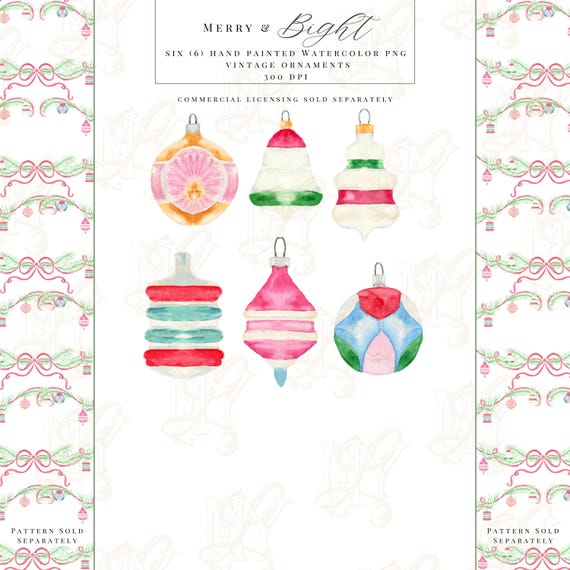 Merry and Bright, Vintage Ornaments, Watercolor Illustration Clipart Package , Luxury Stationery