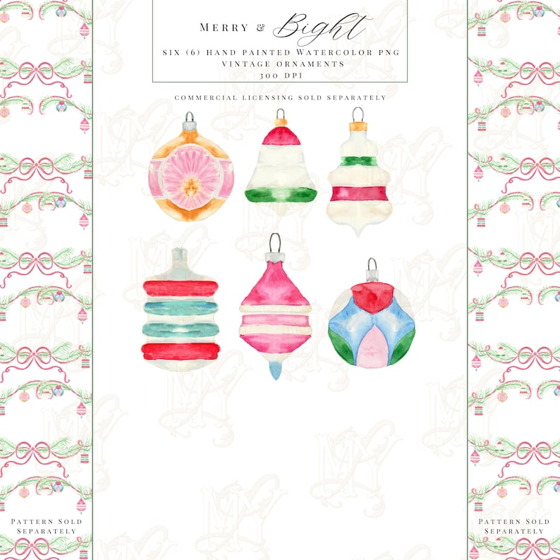 May include: Watercolor illustrations of six vintage Christmas ornaments in various shapes and colors. The ornaments include a bell, teardrop, and round shapes, with pink, red, green, and blue accents. The text "Merry & Bright" is at the top.