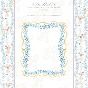 May include: A hand-painted PNG frame with a floral design in blue and gold. The frame has a scalloped edge and is surrounded by a white background. The text "Vita Dulce" is at the top, with size and DPI information.