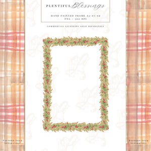 May include: A hand-painted rectangular frame with a floral and berry border. The frame is surrounded by a watercolor plaid pattern in shades of peach, pink, and brown. Text includes "PLENTIFUL Blessings" and "HAND PAINTED FRAME A2/A7/A9".