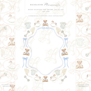 May include: A hand-painted PNG frame with a baby theme. The frame is decorated with teddy bears, baby clothes, rattles, and rocking horses. The frame has a light blue ribbon design and the text "HEIRLOOM Moments".
