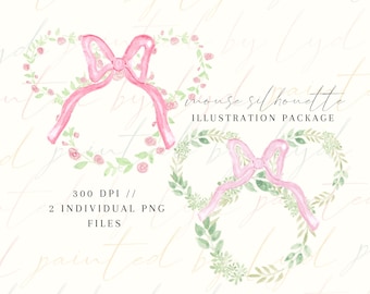 Mouse Wreath, Minnie, greenery, Hand-painted, watercolor, PNG, download, digital, ribbon, birthday, girl, baby shower, nursery