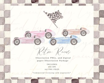 Retro Racers - Digital Watercolor Illustration Package