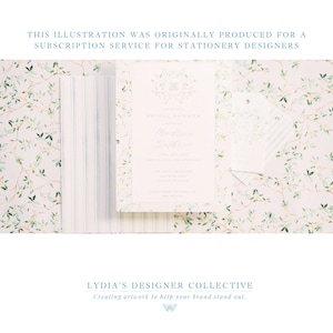 May include: Bridal shower invitation suite with floral design. The invitation features the text "Madison Gallerie" and event details. The background is a white floral pattern. The text "THIS ILLUSTRATION WAS ORIGINALLY PRODUCED FOR A SUBSCRIPTION SERVICE FOR STATIONERY DESIGNERS" is at the top.