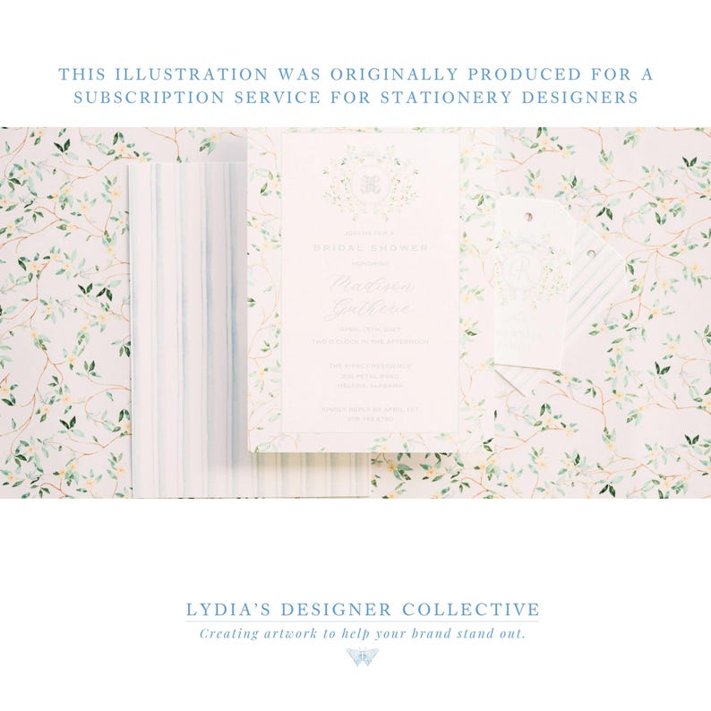 May include: Bridal shower invitation suite with floral design. The invitation features the text "Madison Gallerie" and event details. The background is a white floral pattern. The text "THIS ILLUSTRATION WAS ORIGINALLY PRODUCED FOR A SUBSCRIPTION SERVICE FOR STATIONERY DESIGNERS" is at the top.