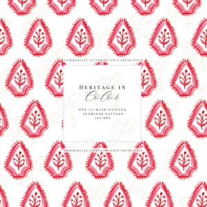 Puede incluir: Patrón repetido de formas de lágrima de acuarela rojas y blancas con un diseño floral. La imagen incluye el texto "HERITAGE IN Color" y "ONE (1) HAND PAINTED SEAMLESS PATTERN 300 DPI". También están presentes las palabras "COMMERCIAL LICENSING SOLD SEPARATELY".