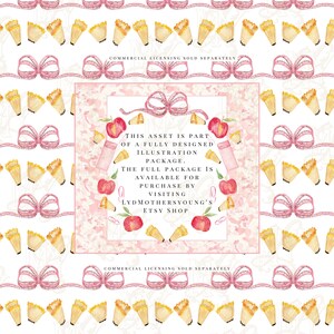 May include: Watercolor illustration with a repeating pattern of pink measuring tape bows, yellow pastry wedges, and red apples. A central square contains text about the illustration package and Etsy shop. The words "Commercial Licensing Sold Separately" are also present.