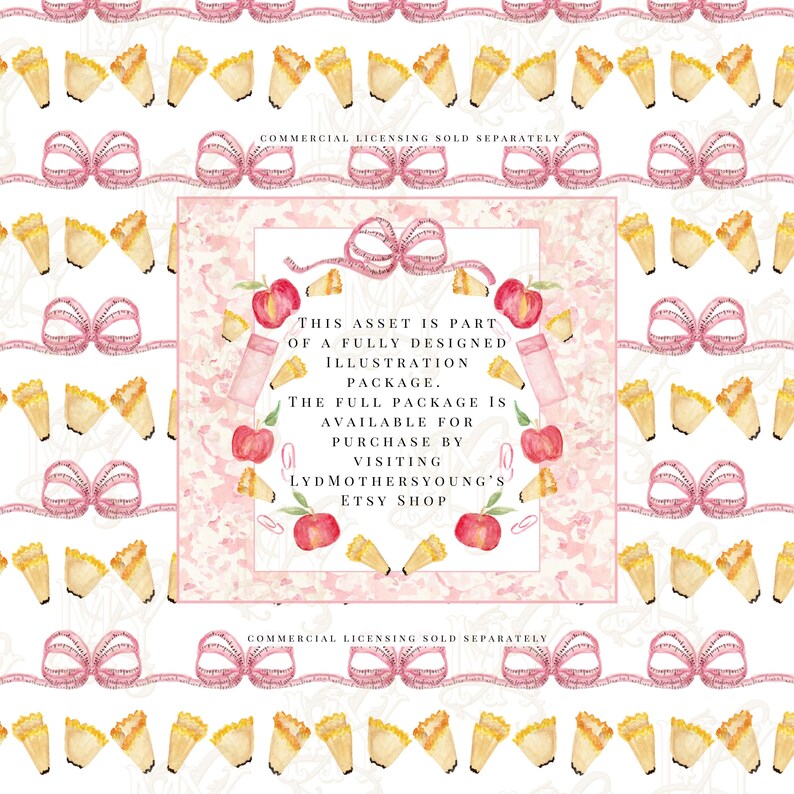 May include: Watercolor illustration with a repeating pattern of pink measuring tape bows, yellow pastry wedges, and red apples. A central square contains text about the illustration package and Etsy shop. The words "Commercial Licensing Sold Separately" are also present.