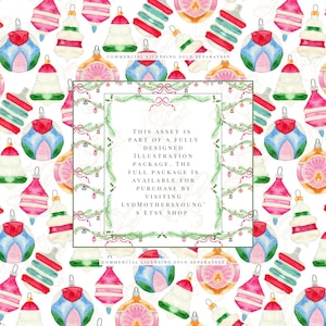 May include: Watercolor illustration featuring a repeating pattern of Christmas ornaments in various shapes and colors, including red, blue, pink, and green. The ornaments have a vintage aesthetic. The image also contains text about commercial licensing and the availability of the full illustration package.