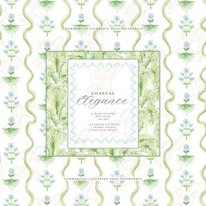 May include: Watercolor pattern with a coastal theme. The design features repeating elements of blue flowers, green palm fronds, and wavy green lines on a white background. The image includes text that reads "Coastal Elegance".