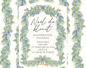 Blue Christmas- Digital Watercolor Illustration Package