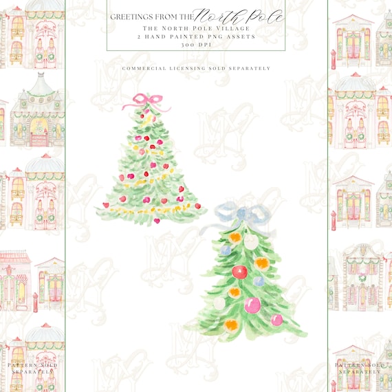 Greetings from the North Pole Colorful Christmas Tree Watercolor Illustration Clipart Package