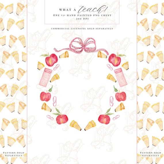School Supplies Bow Crest Frame What a Teach Watercolor Illustration Clipart - Apple Pencil Shavings Ribbon PNG File - Back to School Art