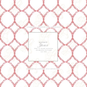 May include: A white seamless pattern with a red geometric design. The pattern features a repeating diamond-like shape with a series of red leaf-like elements. The text "ROOKIE Year" is in a white square. The text "ONE (1) HAND PAINTED SEAMLESS PATTERN 300 DPI" is also present.