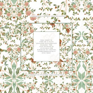 May include: A detailed floral illustration with a white background, featuring pink flowers, green leaves, and brown accents. The design includes text that reads "COMMERCIAL LICENSING SOLD SEPARATELY" and "THIS ASSET IS PART OF A FULLY DESIGNED ILLUSTRATION PACKAGE."
