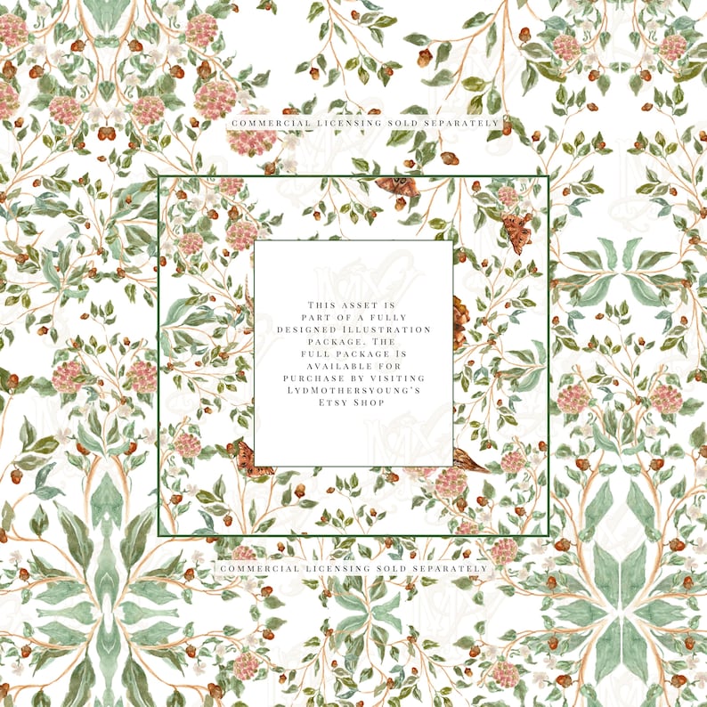 May include: A detailed floral illustration with a white background, featuring pink flowers, green leaves, and brown accents. The design includes text that reads "COMMERCIAL LICENSING SOLD SEPARATELY" and "THIS ASSET IS PART OF A FULLY DESIGNED ILLUSTRATION PACKAGE."