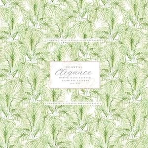 May include: A seamless pattern featuring a watercolor design of green palm fronds on a white background. The text "COASTAL Elegance" is displayed in a pink rectangle, along with the words "ONE (1) HAND PAINTED SEAMLESS PATTERN 300 DPI".