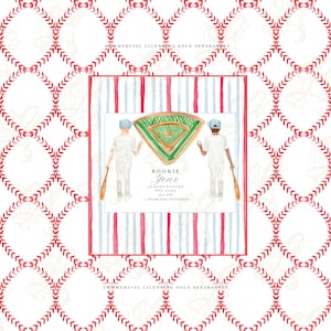 May include: A baseball-themed design featuring a repeating pattern of red stitching on a white background. A central square showcases a baseball field illustration with two figures, the text "Rookie Year", and other details.