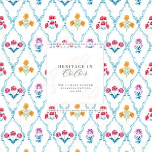 May include: A seamless pattern featuring a repeating floral design in red, orange, and purple on a white background. The flowers are arranged within a teal arch-shaped frame. The text "HERITAGE IN Color" is displayed in a white square.