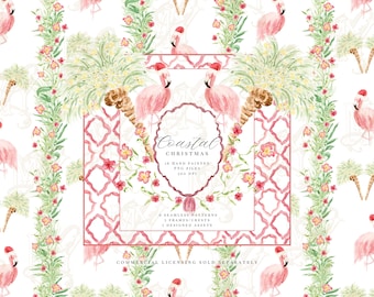 Coastal Christmas Watercolor Illustration Clipart Package , Frame Pattern Crest Assets , Holiday PNG Files Flamingo Garland Palm Tree