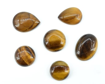 Könnte beinhalten: Sechs polierte Tigeraugen-Edelsteine in verschiedenen Formen: zwei Tropfen, zwei Kreise und zwei Ovale. Die Steine zeigen eine satte, goldbraune Farbe mit natürlichem Katzeneffekt. Die Edelsteine sind vor weißem Hintergrund.