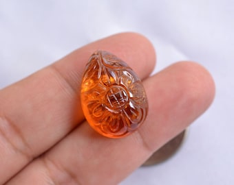 29.50カラット、彫刻されたシトリン宝石、彫刻された石、天然シトリンペアシェイプ宝石、17 x 23 mm、ジュエリー用シトリン宝石、# C 1019