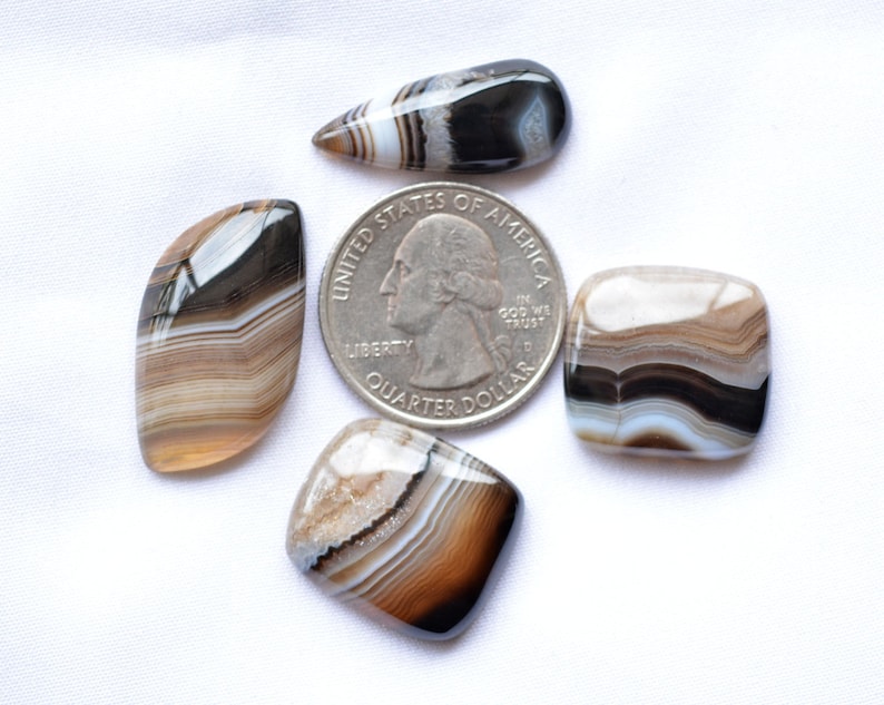 10x20 mm To 15x29 mm Banded Agate Gemstone Wholesale Lot Banded Agate Cabochons Agate Mix Shape Cabochon 4 Pcs Lot 70 Carats # C 154