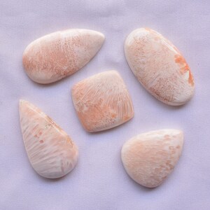 Puede incluir: Cinco piedras preciosas pulidas en tonos melocotón y blanco, cada una con formas y patrones únicos. Las piedras varían en tamaño e incluyen formas ovaladas, de lágrima y cuadradas. La superficie de cada piedra tiene una apariencia texturizada.