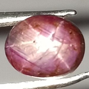 May include: A round, polished gemstone with a star effect. The gem is a deep reddish-purple color, held by a silver tool. The star effect is visible as a six-rayed pattern across the surface of the stone. The gem is smooth and reflective.