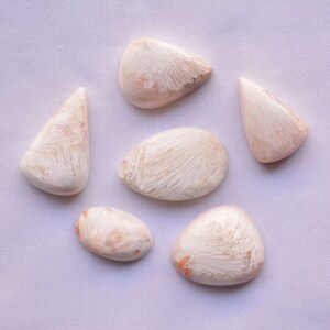 May include: Six polished, irregularly shaped stones in shades of white and peach are arranged on a white surface. The stones have a textured, striated appearance, with the peach tones concentrated in areas. The shapes vary from rounded to triangular.