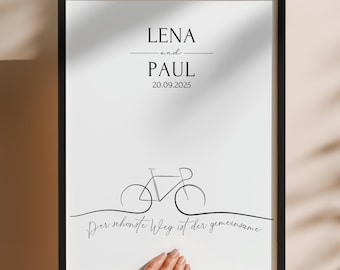 Wedding gift personalized with name Line Art Bicycle Picture Wedding Bridal Couple Gift The most beautiful way is the common Poster