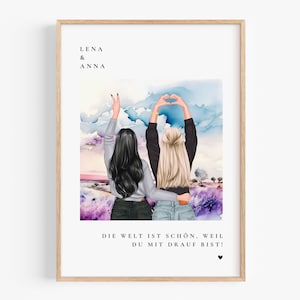 Könnte beinhalten: Eine digitale Illustration von zwei Freundinnen, die sich umarmen. Die Freundinnen stehen vor einem Aquarellhintergrund mit Wolken und einem lila Feld. Der Text "Lena & Anna" befindet sich oben im Bild. Der Text "Die Welt ist schön, weil du mit drauf bist!" befindet sich unten im Bild.