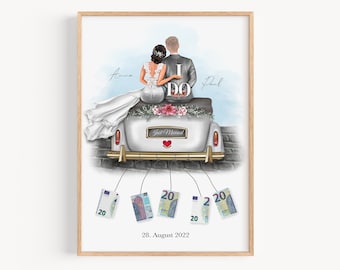 Hochzeitsgeschenk Geld, Geldgeschenk Hochzeit personalisiert, Poster Auto Just Married, Hochzeitsposter Brautpaar Geschenk