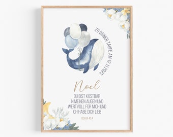 Personalisiertes Taufgeschenk mit Namen Patenkind Junge Mädchen Baby Wal Fisch Poster mit Bilderrahmen