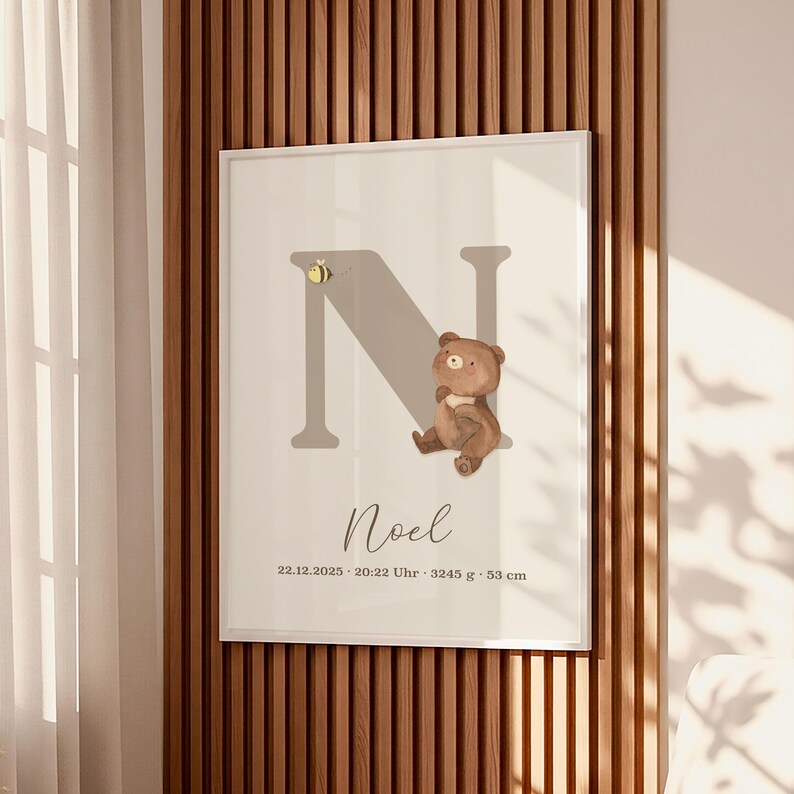 Personalized birth poster poster with birth dates and names baby gift for birth baptism nursery decoration bear image 8