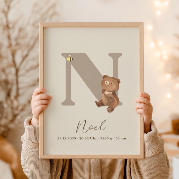 Personalisiertes Geburtsposter Poster mit Geburtsdaten und Namen Babygeschenk zur Geburt Taufe Kinderzimmer Deko Bär