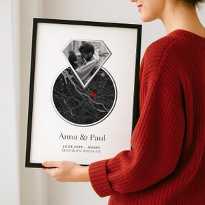 Verlobungsgeschenk Stadtkarte Koordinaten Bild -personalisiertes Ring Poster mit Foto und Namen - Geschenk für Paare zur Verlobung Hochzeit