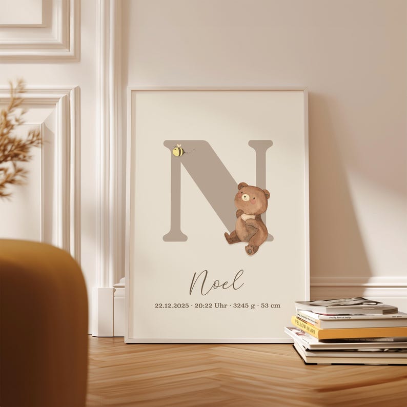 Personalized birth poster poster with birth dates and names baby gift for birth baptism nursery decoration bear image 6
