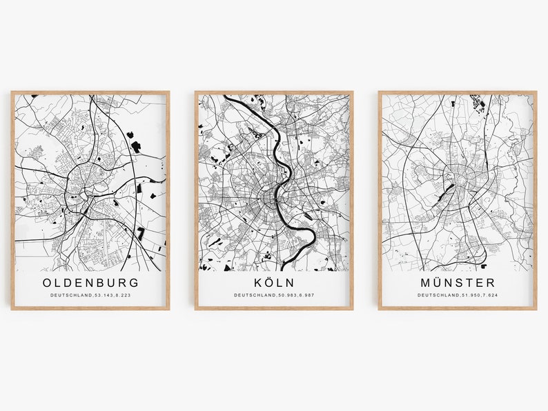 Deine Stadt Bild Stadtplan personalisiert Koordinaten Poster Stadtkarte Bilder Wohnzimmer Küche Schlafzimmer Schwarz Weiß Bild 3