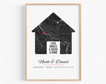 Einzugsgeschenk Haus Wohnung Zuhause Bild mit Koordinaten Bilderrahmen Geschenk zum Einzug Richtfest Hausbau Einweihungsgeschenk Stadtkarte