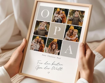 Puede incluir: Un marco con un collage de fotos familiares. La palabra "OPPA" está escrita con letras grandes sobre las fotos. El texto "Für den besten Opa der Welt" está escrito en cursiva debajo.