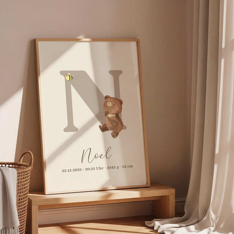 Personalized birth poster poster with birth dates and names baby gift for birth baptism nursery decoration bear image 10