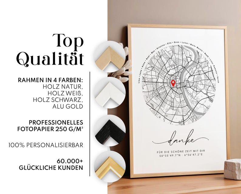Puede incluir: Un marco con una impresi&oacute;n de un mapa detallado en blanco y negro con un marcador rojo. La impresi&oacute;n incluye la palabra "danke" y coordenadas. El texto de la izquierda anuncia los colores del marco y la calidad del papel.