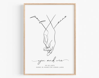 Wedding gift personalized with name date | Wedding picture hand in hand bride and groom | Anniversary Valentine's Day wedding anniversary JGA