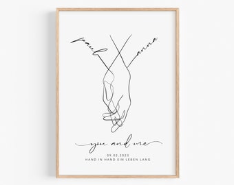 Hochzeitsgeschenk personalisiert mit Namen Datum | Hochzeitsbild Hand in Hand Brautpaar | Jahrestag Valentinstag Hochzeitstag JGA