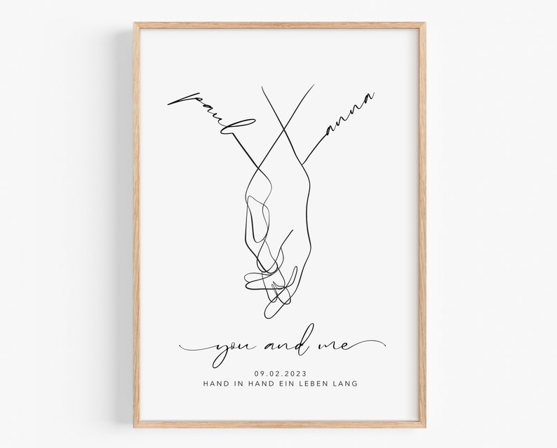 Hochzeitsgeschenk personalisiert mit Namen Datum Hochzeitsbild Hand in Hand Brautpaar Jahrestag Valentinstag Hochzeitstag JGA imagen 1