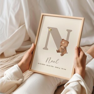 Personalized birth poster poster with birth dates and names baby gift for birth baptism nursery decoration bear image 5