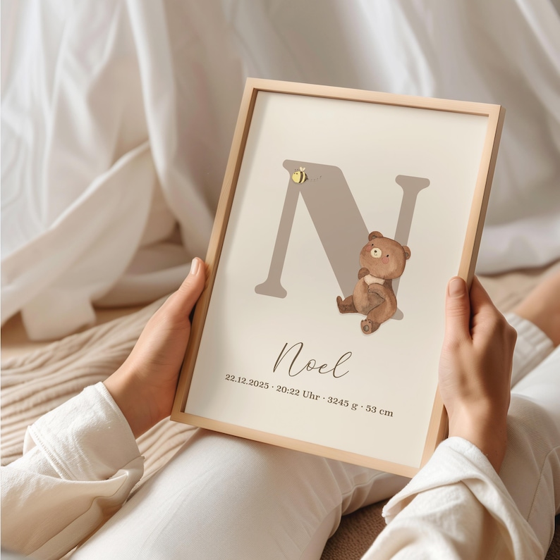 Personalized birth poster poster with birth dates and names baby gift for birth baptism nursery decoration bear image 5